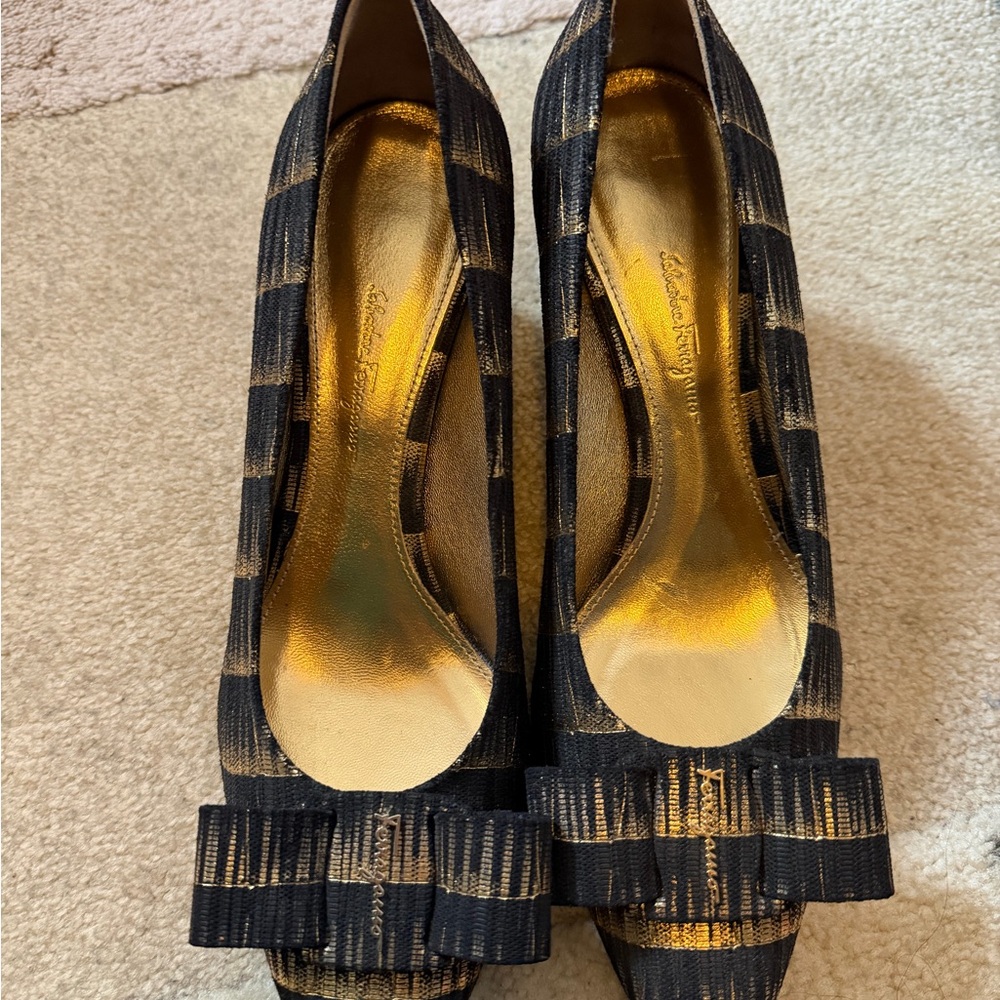 Salvatore Ferragamo Black and Gold Heels